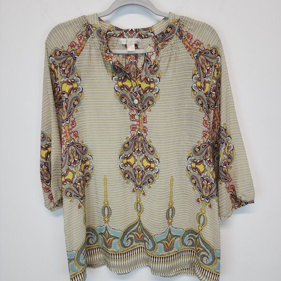 Trinity Bohemian Blouse Size M Tan 3/4 Sleeve 100% Silk Split V-neck Art Nouveau - Picture 1 of 8